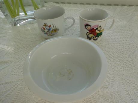 Hrnčeky detské+miska, porcelán, 