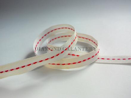 Rypsová stuha 10 mm - biela s červeným pásikom, 