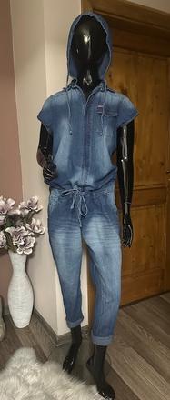 Džínsový overal na zips s kapucňou zn. retro, m