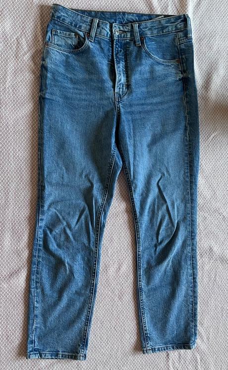 Bledomodré bavlnené džínsy, vysoký pás, h&m, m/38, h&m,m