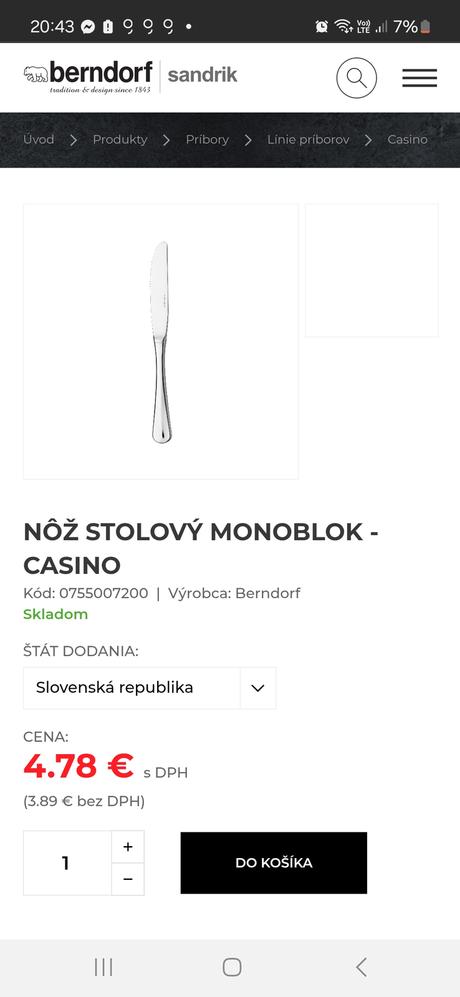 Príborový nôž berndorf sandrik casino ako nový 6 k, 