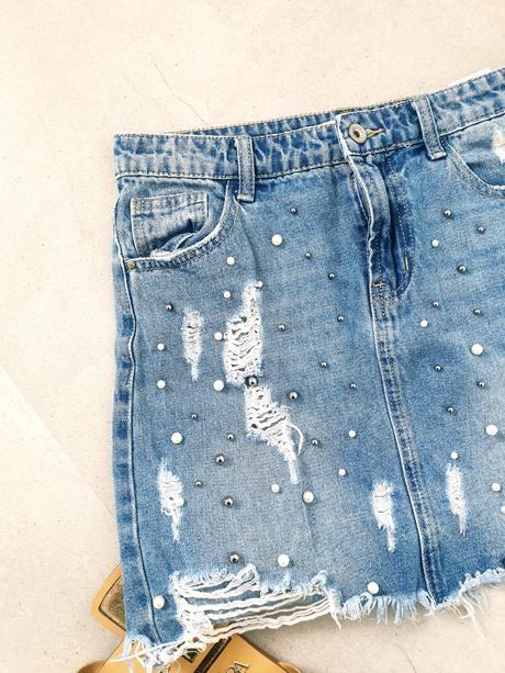 Rifľová sukňa s perličkami xs, xs