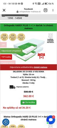 Predám madrace 2 kusi rozmer 200x80 výška 20 cm, šírka (cm): 80,dĺžka (cm): 200