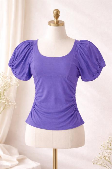 Fialové tričko s balónovými rukávmi (puff sleeves), l