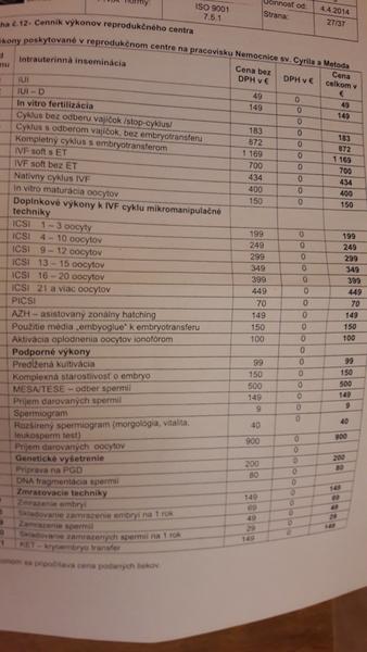 Centrum asistovanej reprodukcie Antolská - cenník