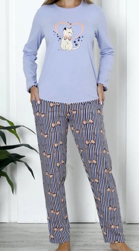 Dámske bavlnené pyžamo modré s mačičkou, 4xl - xxxl