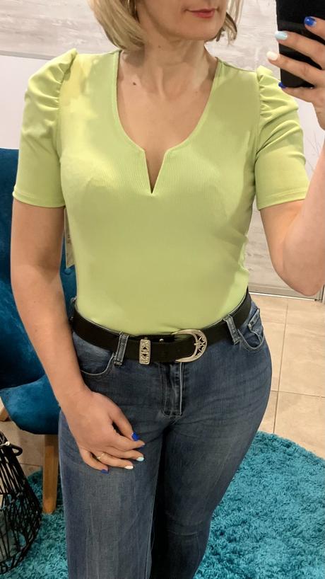 Dámske rebrované tričko s puf rukávom zelené, l / m / s