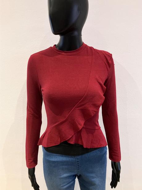 Dámsky bordový sveter s volánmi (36), s