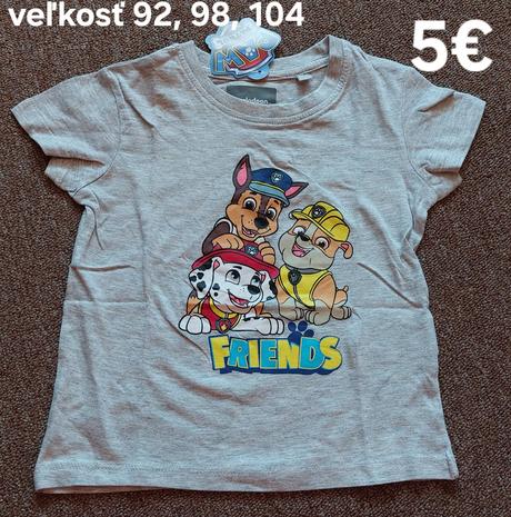Tričko paw patrol, mickey, spiderman, cars, 92 - 134