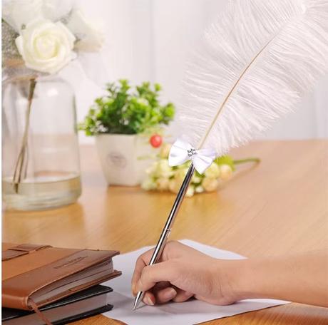 Vintage elegantné guľôčkové pero s perím biele, 