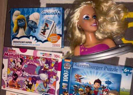 Hračky - puzzle 4x,hlava barbie,frozen a šmolkovia, 