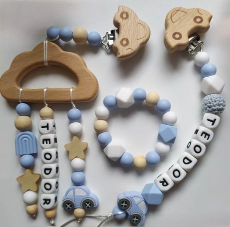 Set ozdoba, retiazka na cumlík a hryzadlo autíčko,