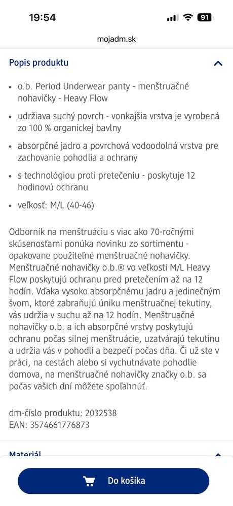 Menštruačné nohavičky m/l nové zn. o.b., l / m