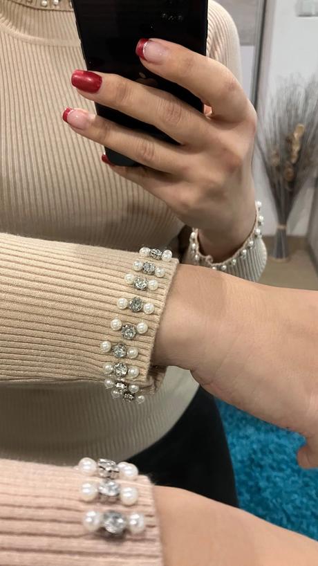 Dámsky béžový rebrovaný rolák s perličkami (uni), l / m / s