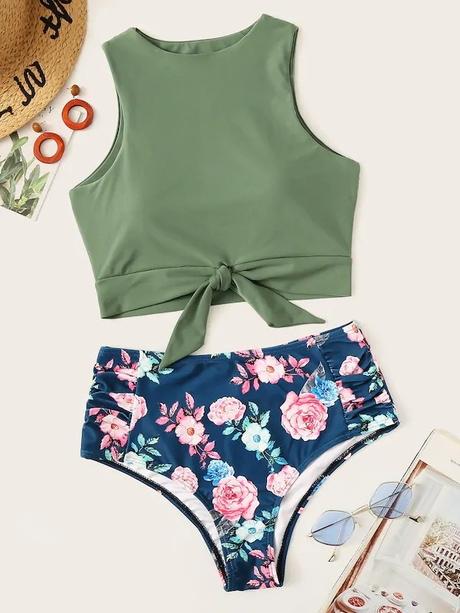 Plavky high waist floral, l