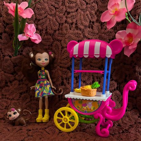 Enchantimals opica + originál stánok na jedlo,