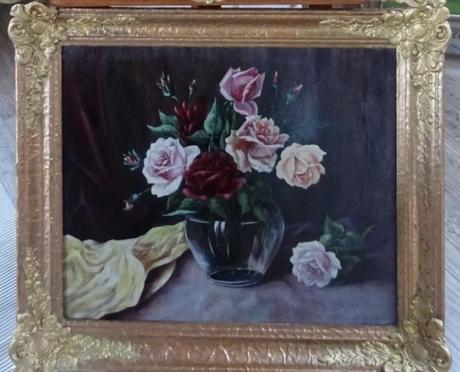 Stará olejomaľba - zátišie ruží,