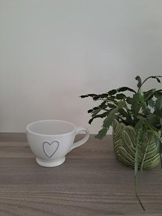 Biela šalka so šedým srdcom,