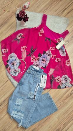 Set blúzka/top a džínsy +perličková čelenka grátis, m