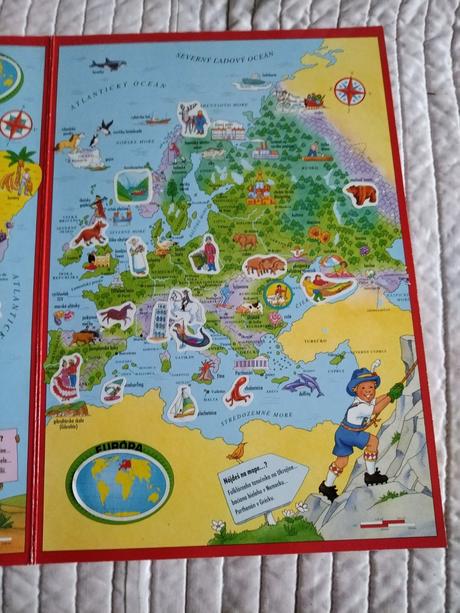 Retro detský atlas s nálepkami okolo sveta,