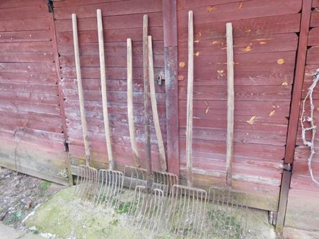 Staré náradie vidly s drevenou rukoveťou,,