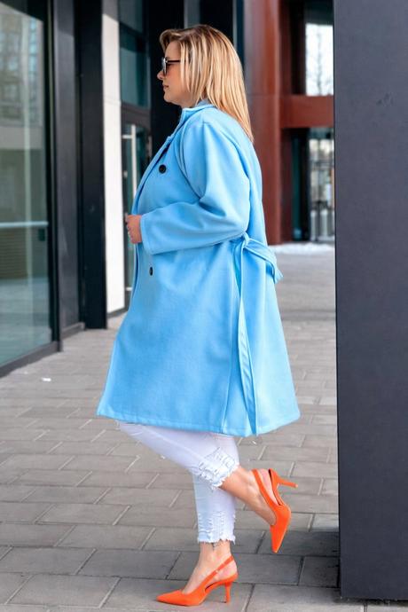 Dámsky prechodný kabát plus size modrý, 