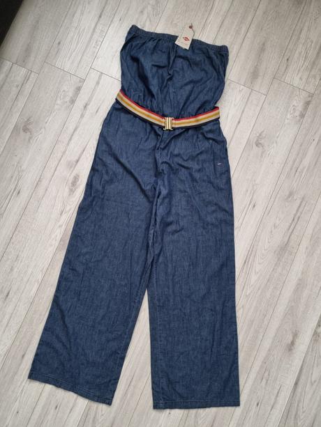 Džínsový overal bez ramienok s farebným opaskom, lee cooper,xl