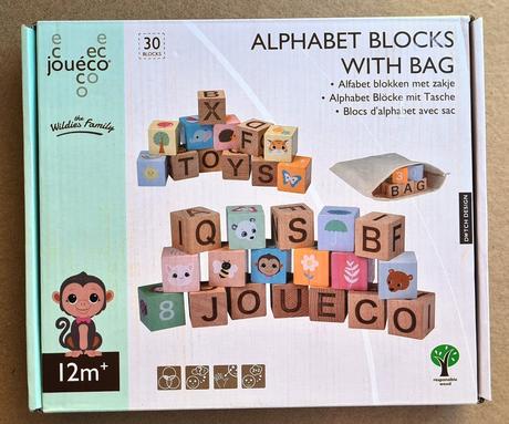 Drevené kocky joueco - abeceda + vrecko, 