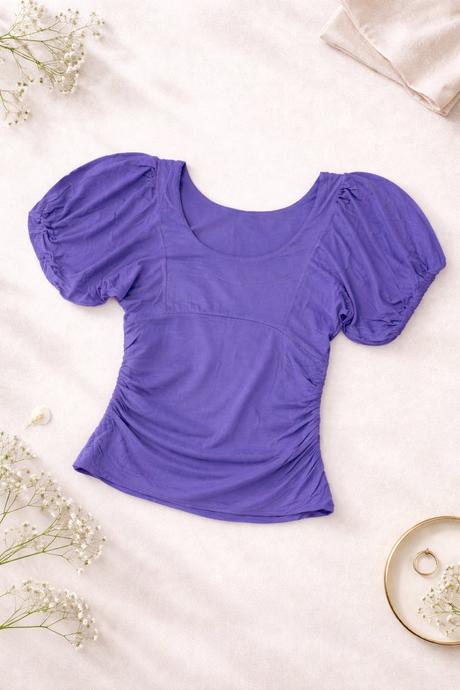 Fialové tričko s balónovými rukávmi (puff sleeves), l