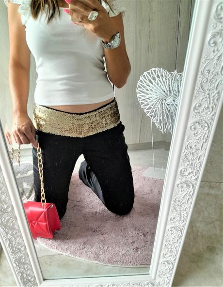 Nohavice so štrasovým zlatým pásom-l, l