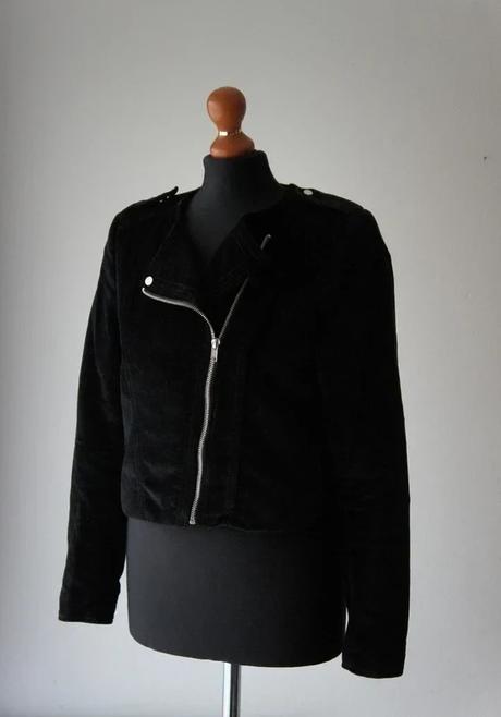 Štýlová čierna zamatová motorkárska bunda, h&m,s