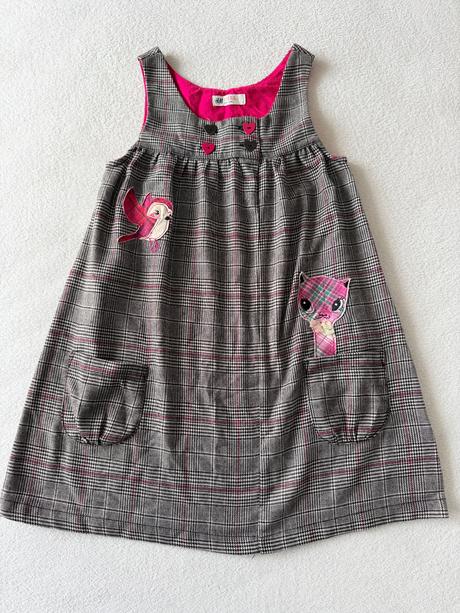 Kárované šaty s mačičkou a vtáčikom, h&m,128