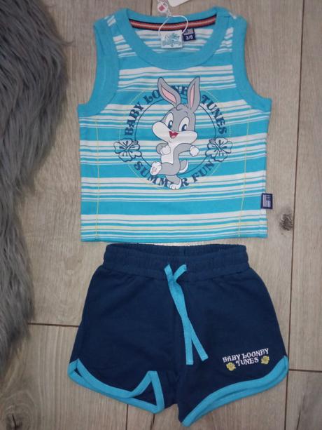Modrá pásikavá letná súprava looney tunes,3-6 mes., original marines,62