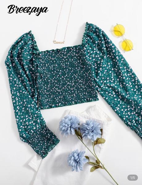 Tyrkysový top s kvetinami, m