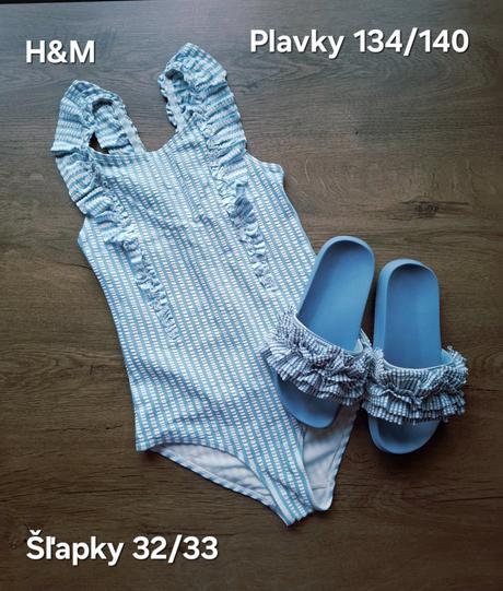 Setík prúžkovaný letný, plavky+šľapky, h&m,134