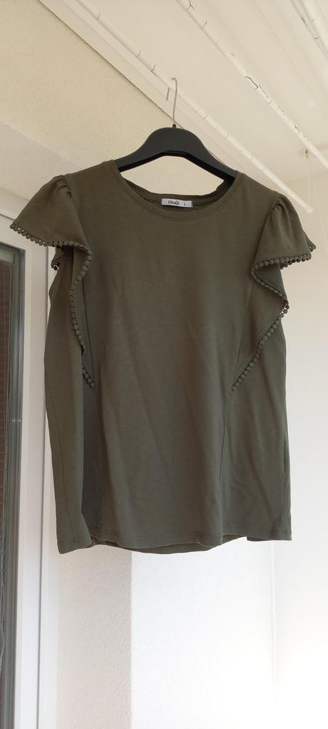 Olivové bavlnené tričko s volánmi l/xl, l