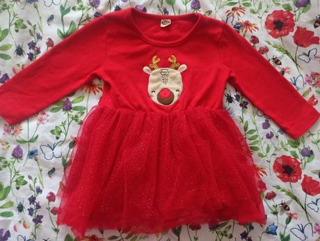 Vianočné červené šaty so sobíkom, 86
