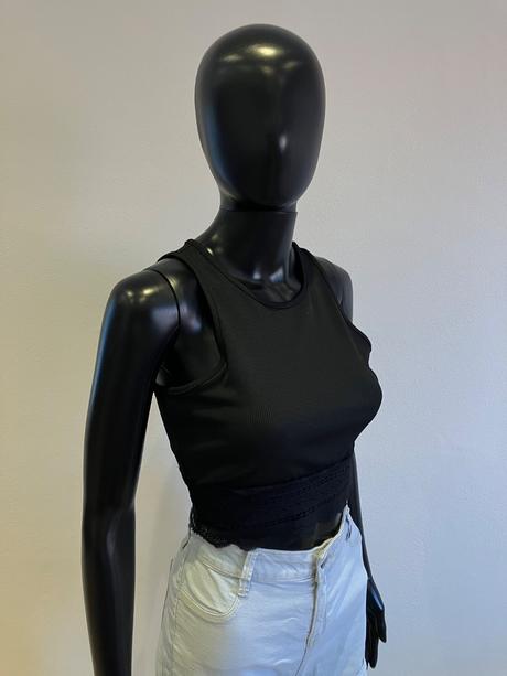 Dámske rebrované tričko s čipkou čierne shein (xs), xs