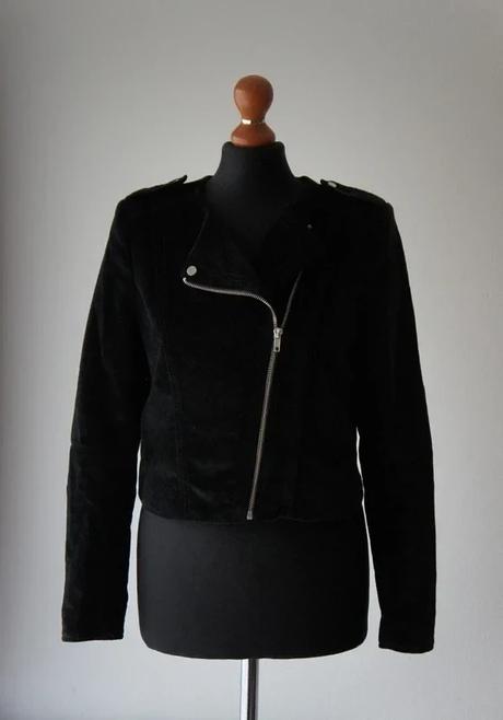 Štýlová čierna zamatová motorkárska bunda, h&m,s