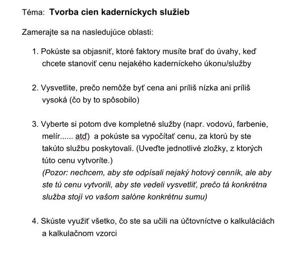 Domáca úloha - tvorba cien kaderníckych služieb