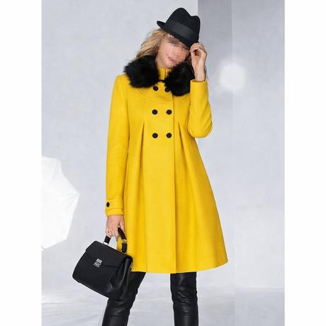 Elegantný žltý vlnený kabát, paleto strih, s