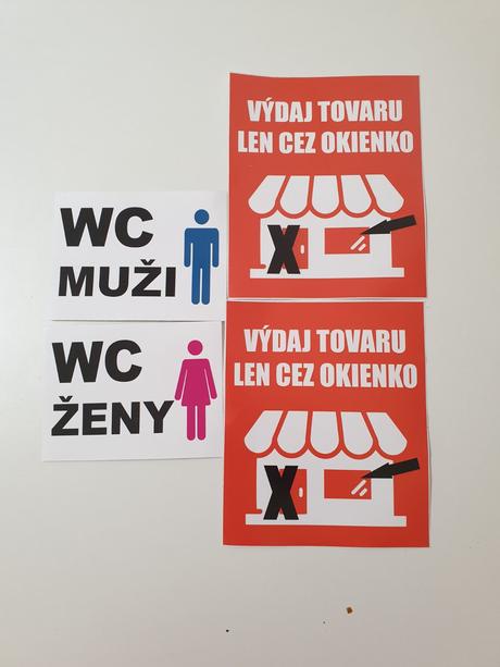 Nálepky výdaj tovaru, wc ženy, wc muži, 