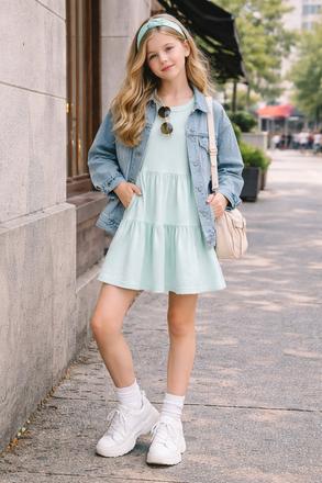 Dievčenské pohodlné bavlnené šaty jemná mätová, 128 - 158