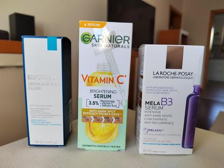 Biotherm sérum, garnier sérum, la roche mela sérum,
