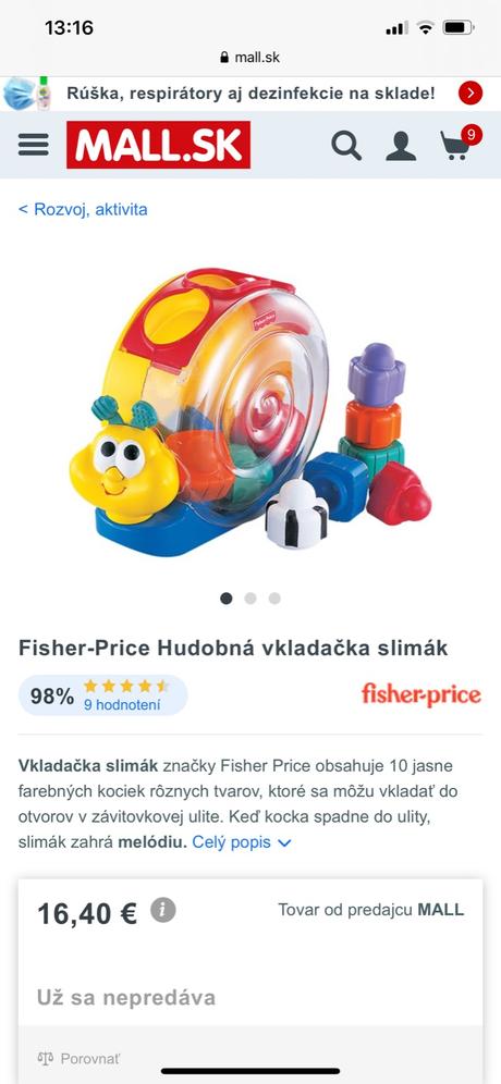 Fisher price vkladacka slimak, 