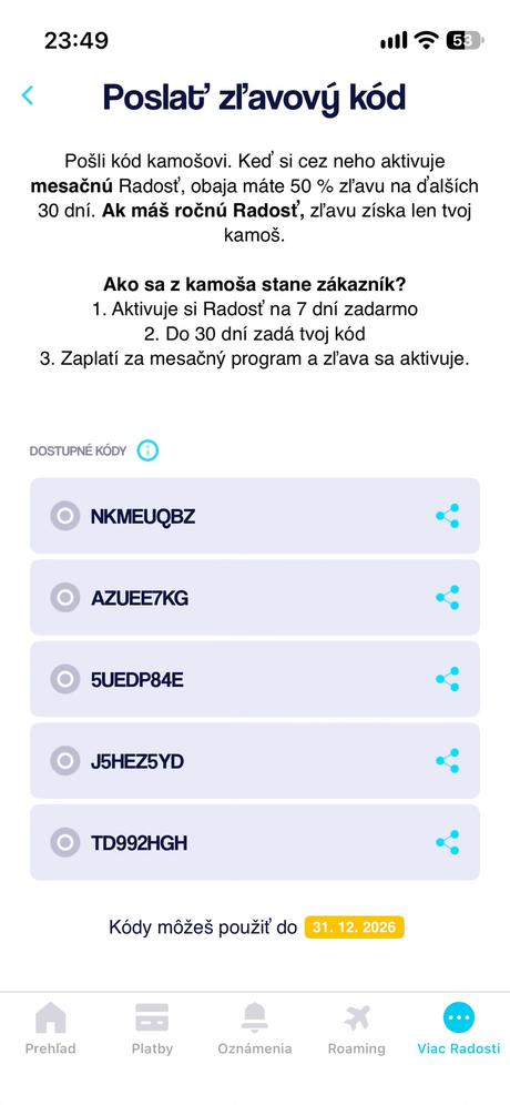 Radosť o2 kódy,