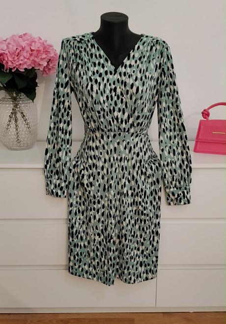 H&m elegantné mint vzorované šaty s dlhým rukávom, h&m,s