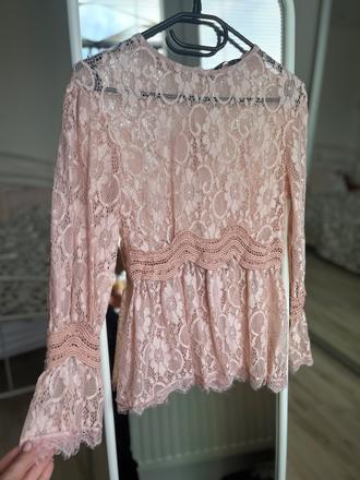 Čipkovana ružova bluzka top s dlhym rukavom, s