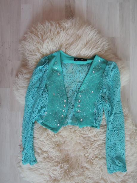 Tyrkysové krátke čipkované bolerko vesta na šaty, s