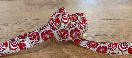 Ozdobná stuha -guličky - 30 mm - zlato červený vzo, 